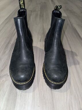 Dr Marten’s Rometty Black Leather Chelsea Platform Boots with Yellow Stitching